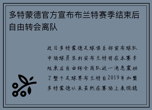 多特蒙德官方宣布布兰特赛季结束后自由转会离队